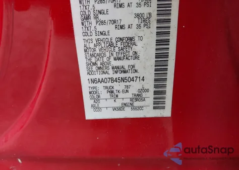 2005 Nissan Titan Se из США, поврежденный, VIN 1N6AA07B45N504714